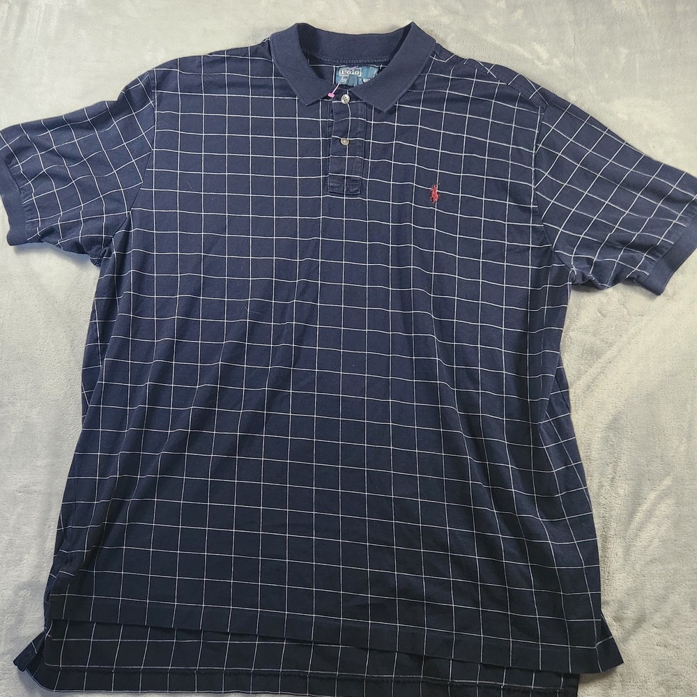 Vintage‎ Polo Ralph Lauren Polo Shirt Mens 2XL Navy Checkered Cotton Preppy